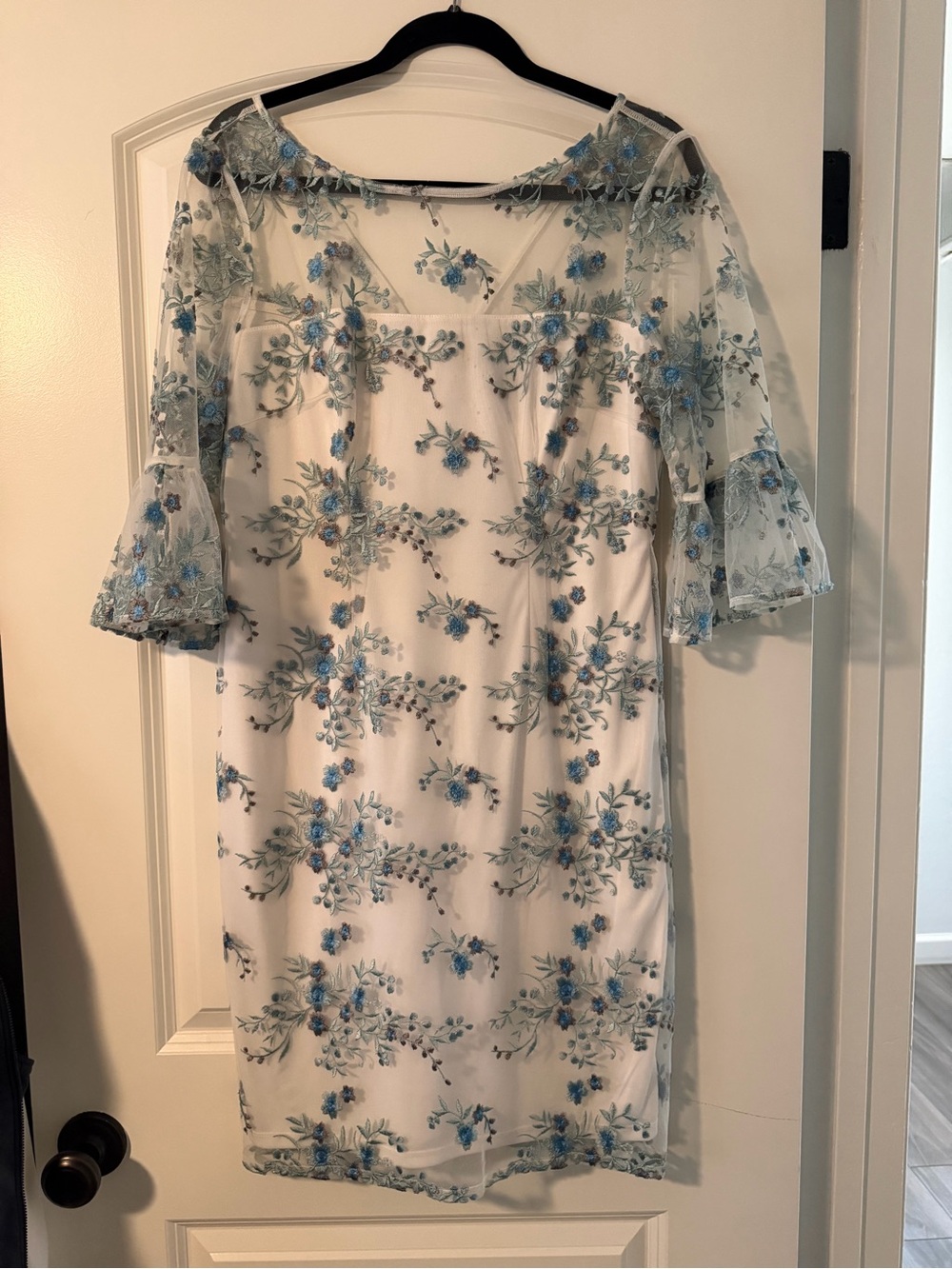 Adrianna Papell White Midi Dress with Blue Floral Embroidery